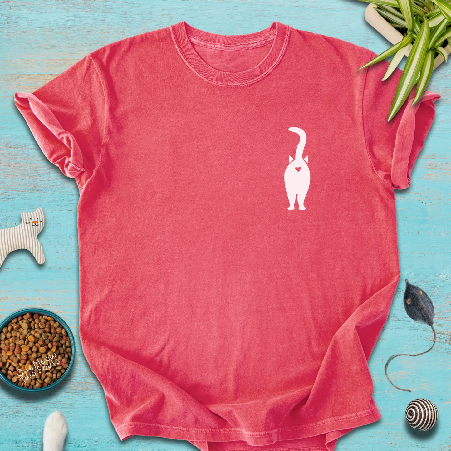 Watermelon color Comfort Colors 1717 t-shirt with a funny cat Butt design. One Meow Two Sould brand.