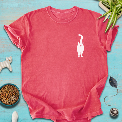 Watermelon color Comfort Colors 1717 t-shirt with a funny cat Butt design. One Meow Two Sould brand.
