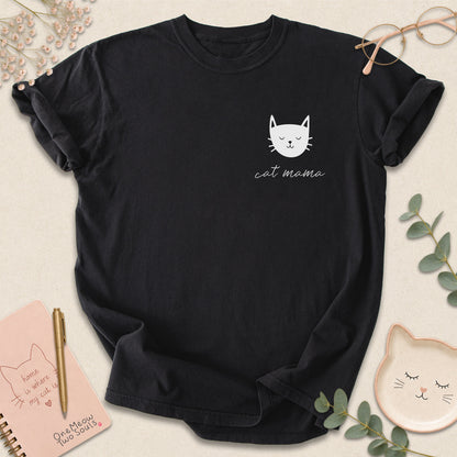 Black colored Comfort Colors 1717 cotton T-shirt, featuring a "Cat Mama" funny cat design illustration. One Meow Two Souls brand.