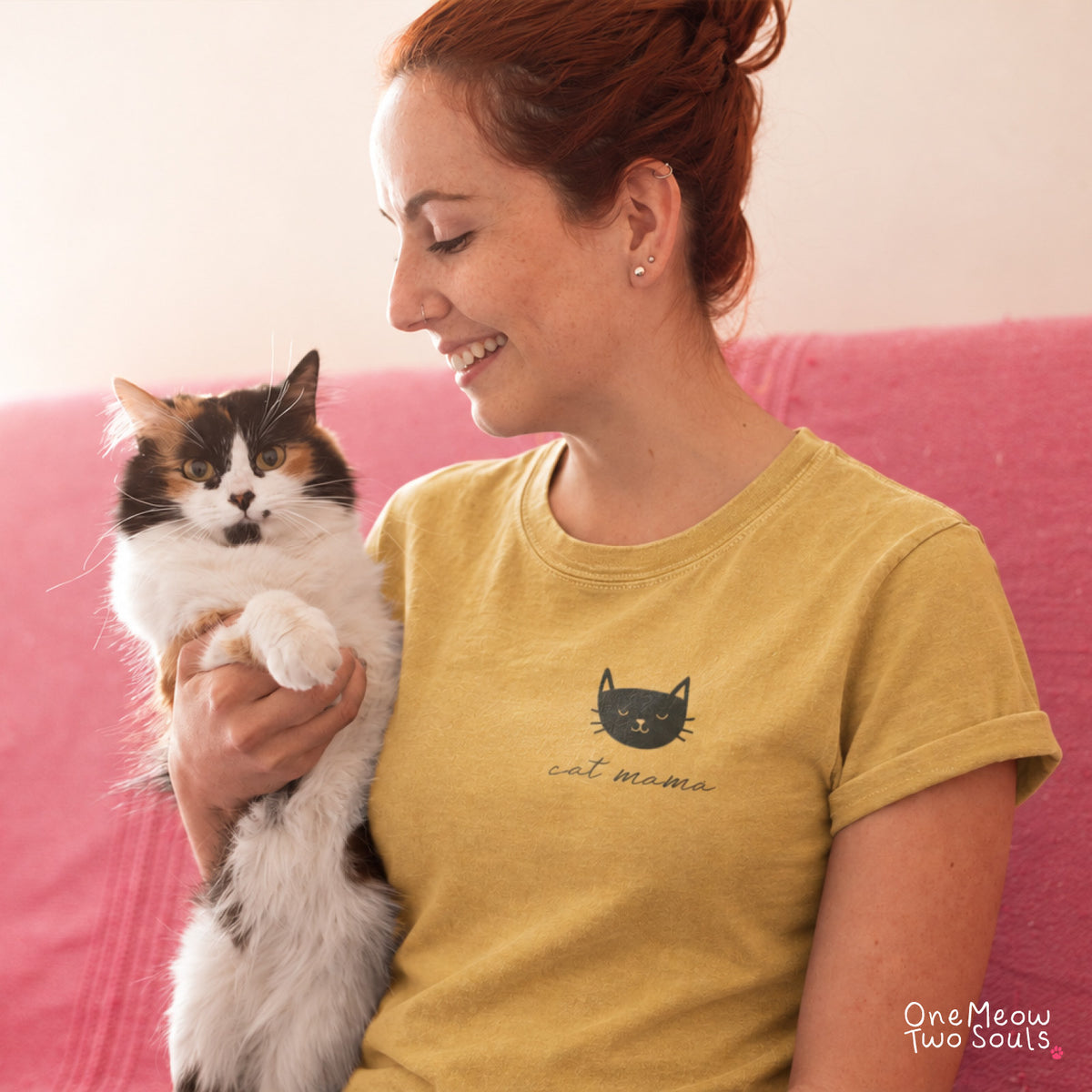Mustard colored Comfort Colors 1717 cotton T-shirt, featuring a "Cat Mama" funny cat design illustration. One Meow Two Souls brand.