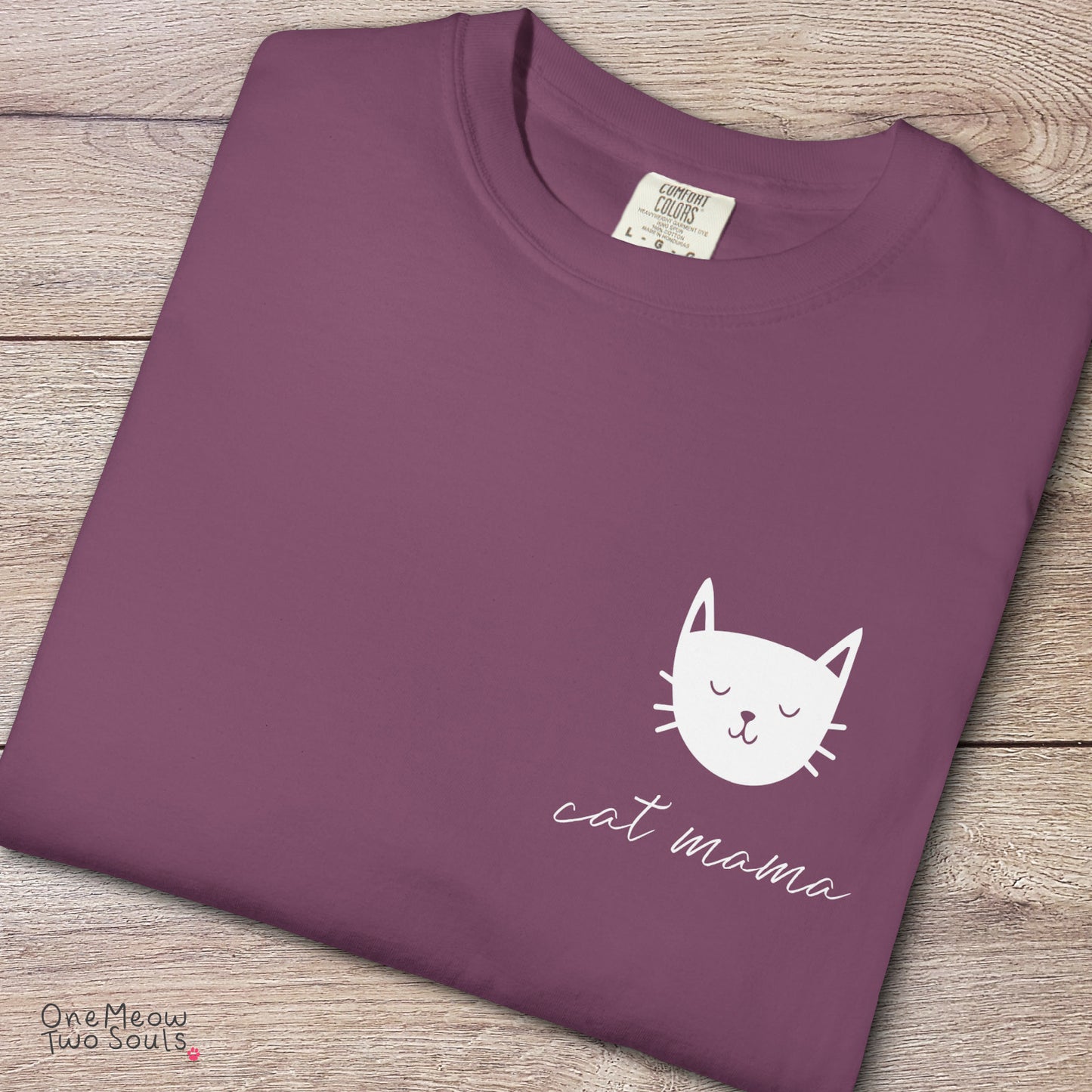 Berry colored Comfort Colors 1717 cotton T-shirt, featuring a "Cat Mama" funny cat design illustration. One Meow Two Souls brand.