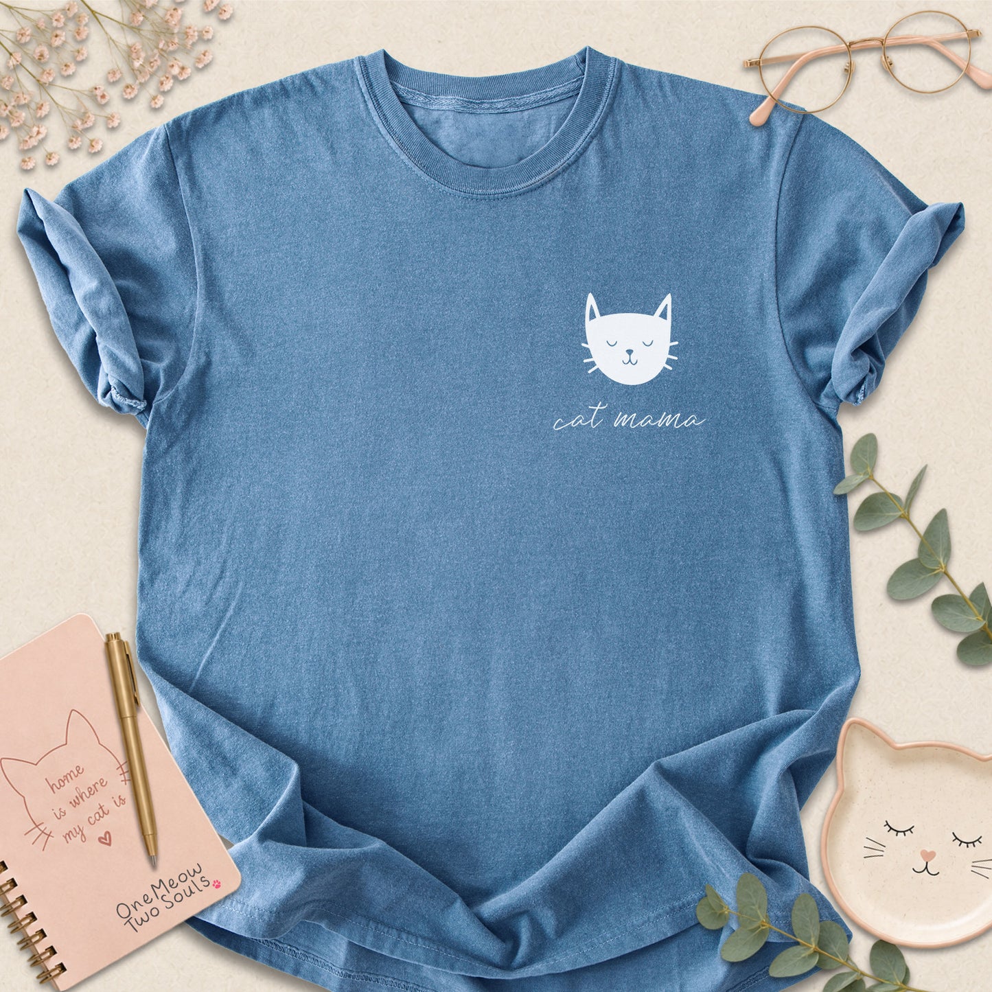 Blue Jean colored Comfort Colors 1717 cotton T-shirt, featuring a "Cat Mama" funny cat design illustration. One Meow Two Souls brand.