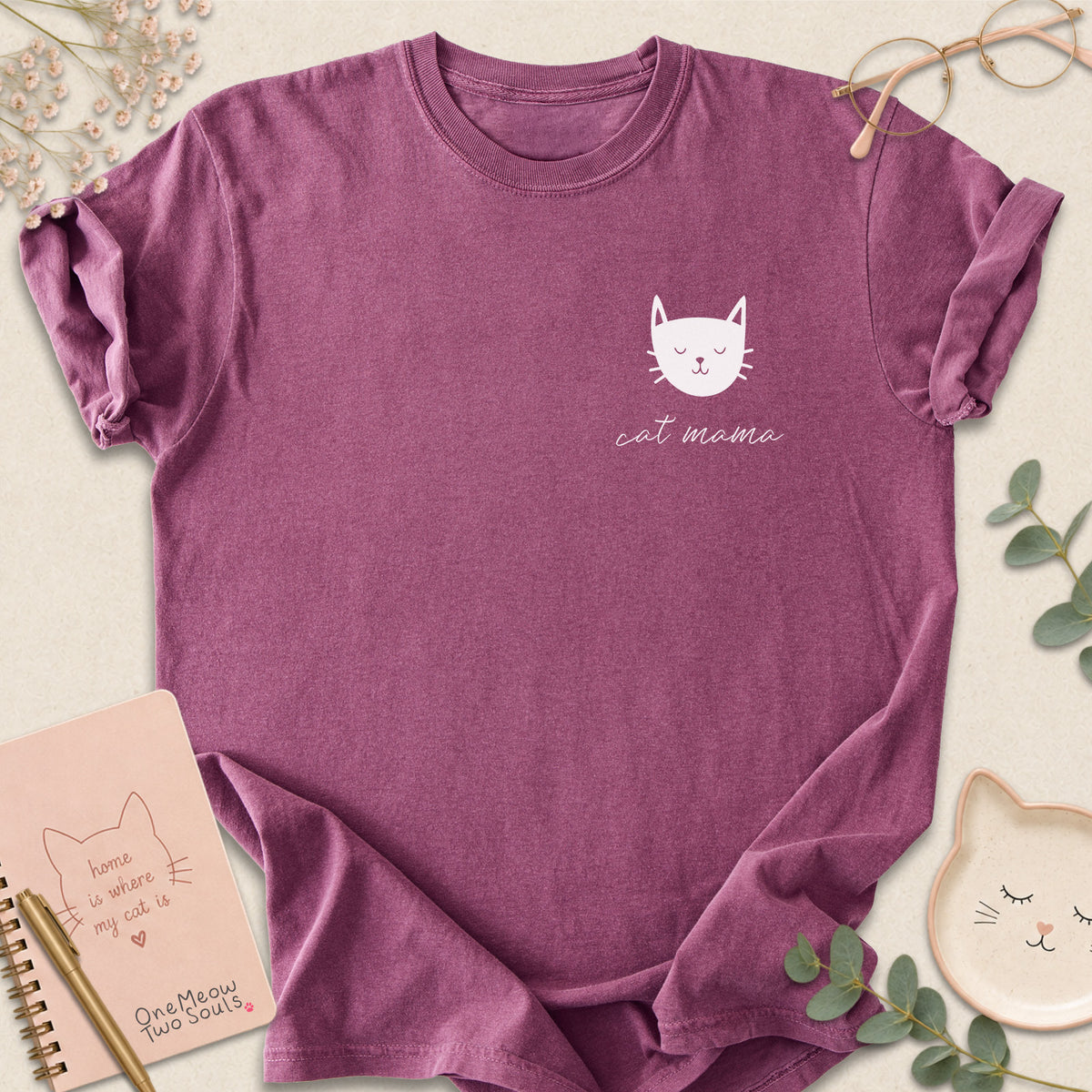 Berry colored Comfort Colors 1717 cotton T-shirt, featuring a "Cat Mama" funny cat design illustration. One Meow Two Souls brand.