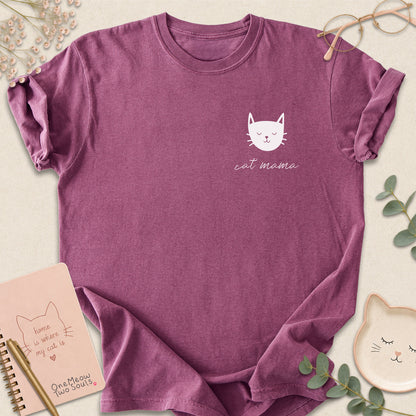 Berry colored Comfort Colors 1717 cotton T-shirt, featuring a "Cat Mama" funny cat design illustration. One Meow Two Souls brand.