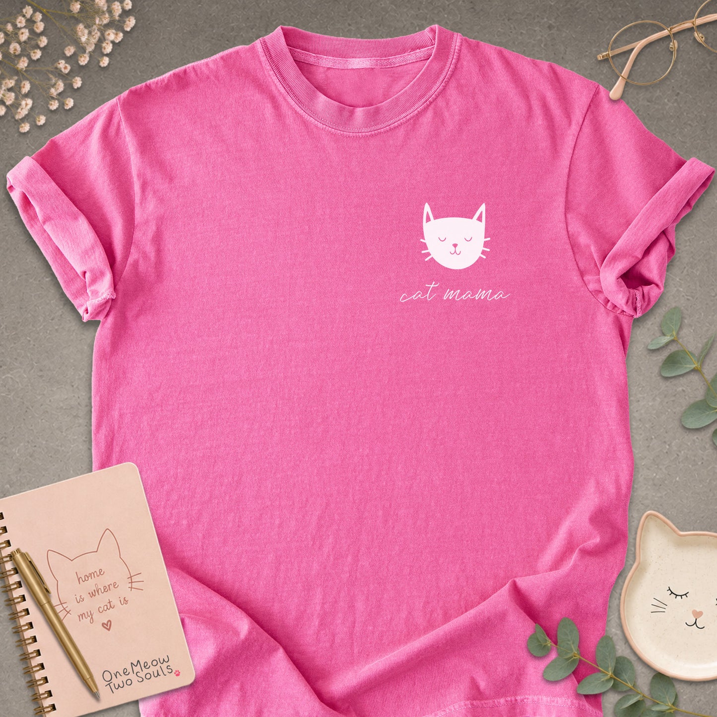 Crunchberry colored Comfort Colors 1717 cotton T-shirt, featuring a "Cat Mama" funny cat design illustration. One Meow Two Souls brand.