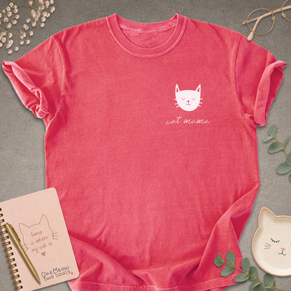 Watermelon colored Comfort Colors 1717 cotton T-shirt, featuring a "Cat Mama" funny cat design illustration. One Meow Two Souls brand.