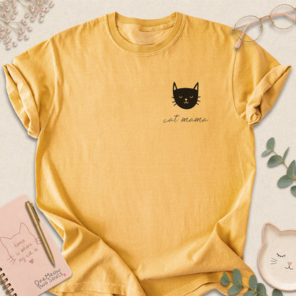 Mustard colored Comfort Colors 1717 cotton T-shirt, featuring a "Cat Mama" funny cat design illustration. One Meow Two Souls brand.