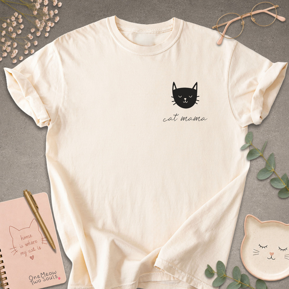 Ivory colored Comfort Colors 1717 cotton T-shirt, featuring a "Cat Mama" funny cat design illustration. One Meow Two Souls brand.