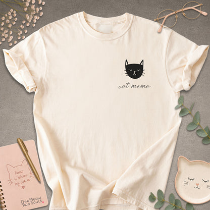 Ivory colored Comfort Colors 1717 cotton T-shirt, featuring a "Cat Mama" funny cat design illustration. One Meow Two Souls brand.