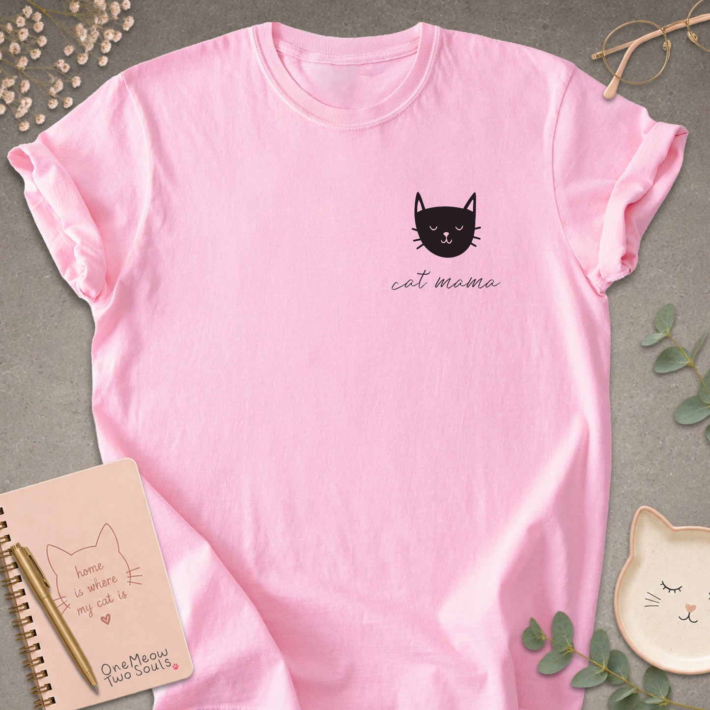 Blossom colored Comfort Colors 1717 cotton T-shirt, featuring a "Cat Mama" funny cat design illustration. One Meow Two Souls brand.