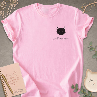 Blossom colored Comfort Colors 1717 cotton T-shirt, featuring a "Cat Mama" funny cat design illustration. One Meow Two Souls brand.