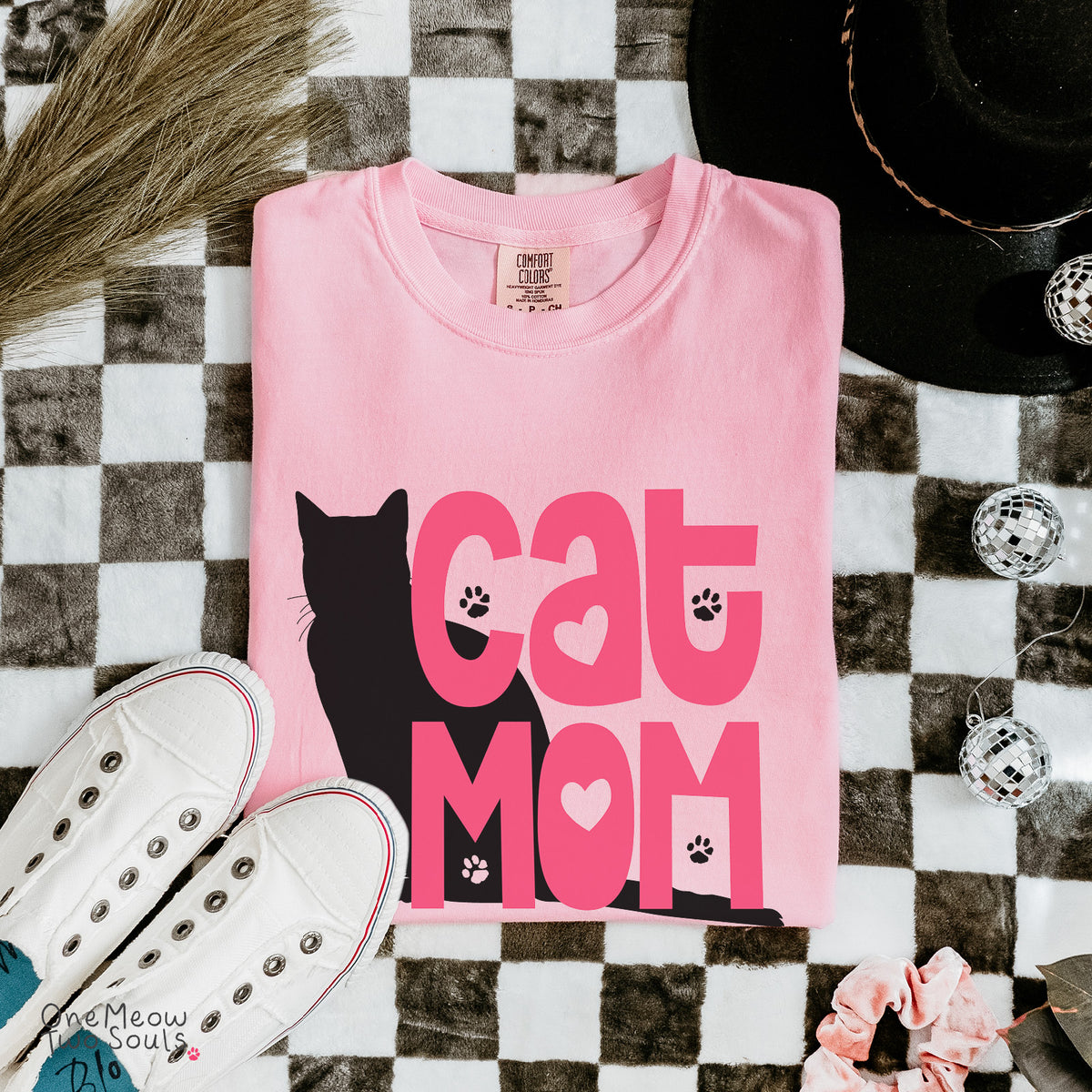 Blossom colored Comfort Colors 1717 cotton T-shirt, featuring a "Cat Mom" funny cat design illustration. One Meow Two Souls brand.