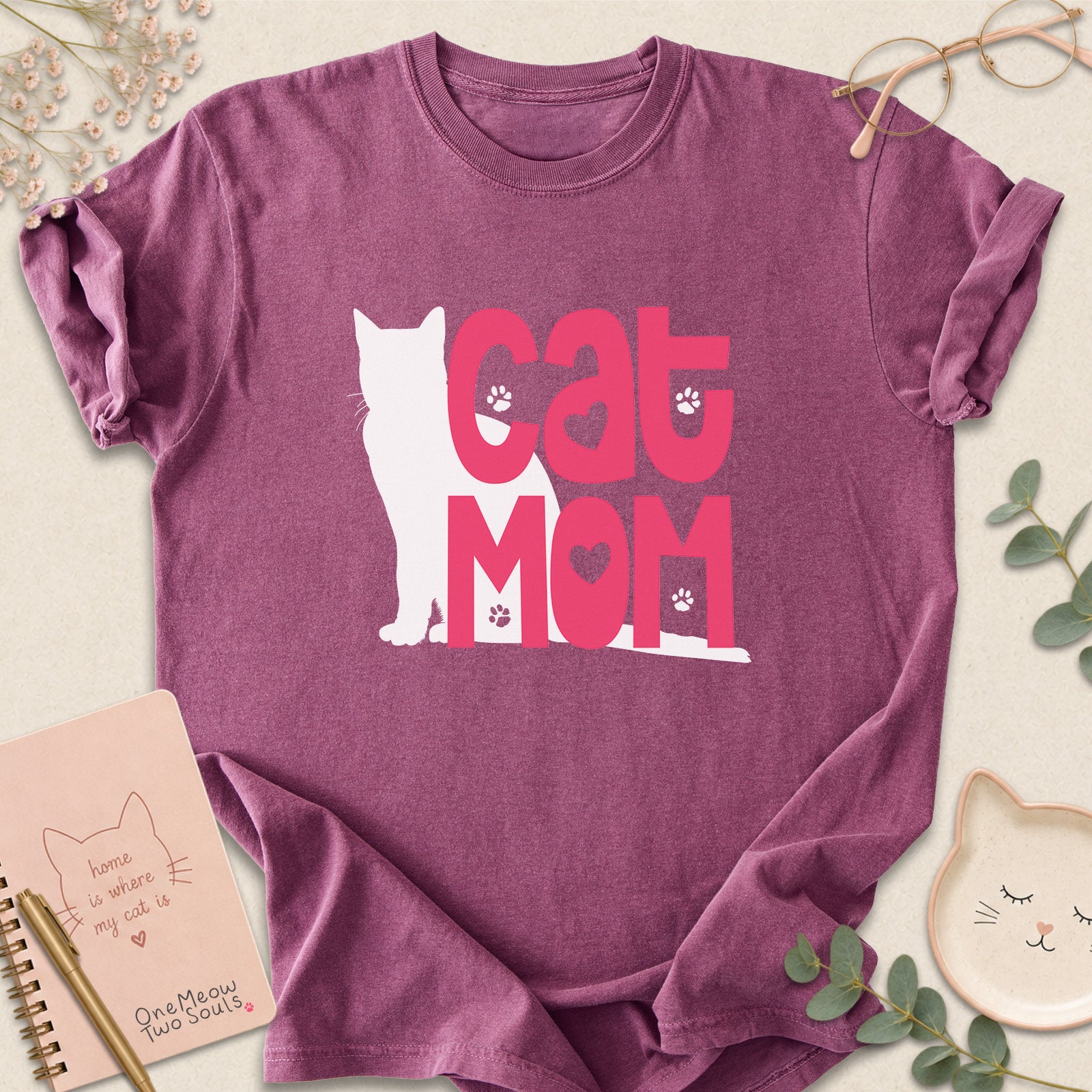 Berry colored Comfort Colors 1717 cotton T-shirt, featuring a "Cat Mom" funny cat design illustration. One Meow Two Souls brand.
