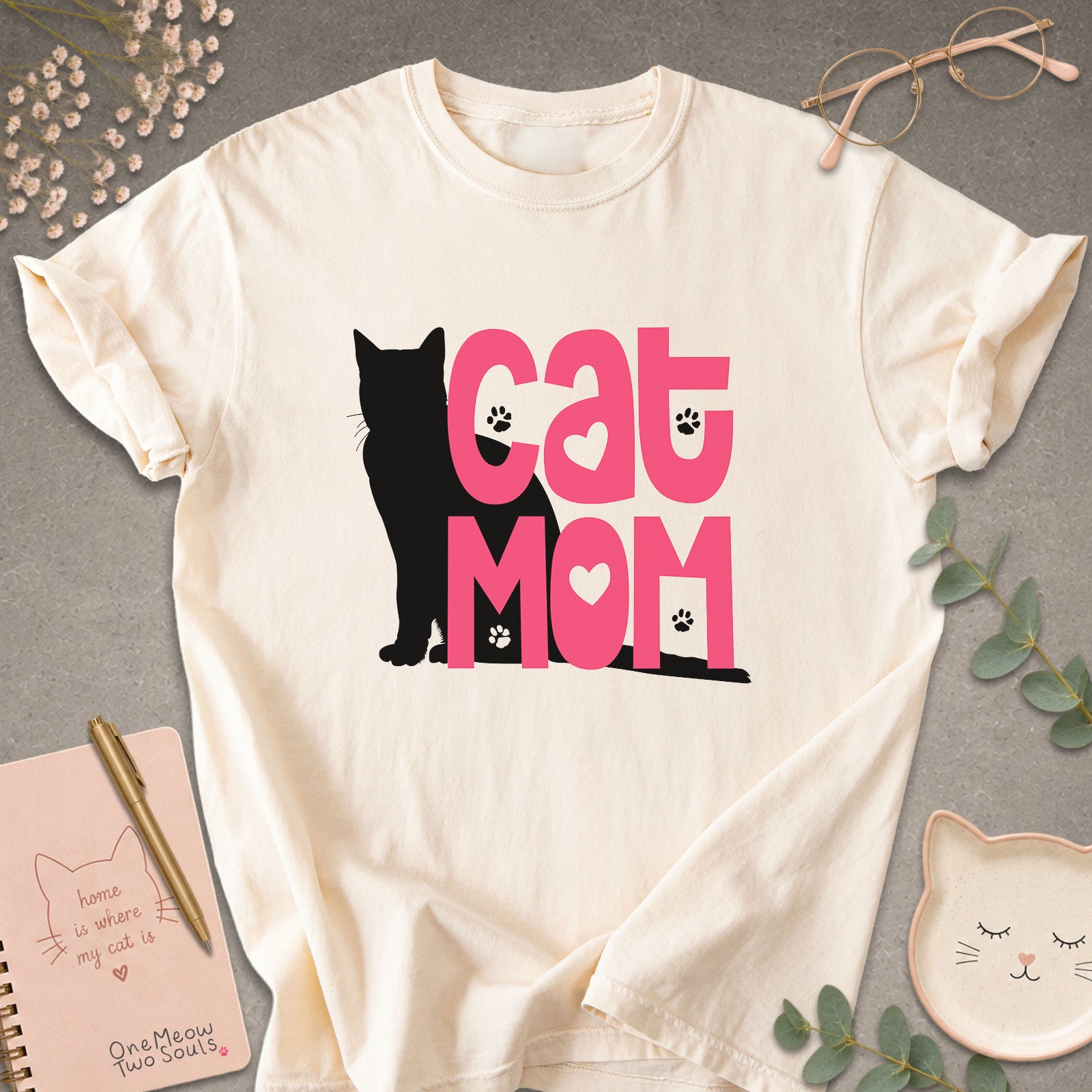 Ivory colored Comfort Colors 1717 cotton T-shirt, featuring a "Cat Mom" funny cat design illustration. One Meow Two Souls brand.