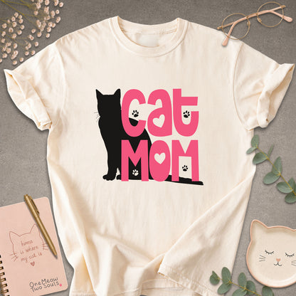 Ivory colored Comfort Colors 1717 cotton T-shirt, featuring a "Cat Mom" funny cat design illustration. One Meow Two Souls brand.