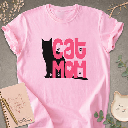 Blossom colored Comfort Colors 1717 cotton T-shirt, featuring a "Cat Mom" funny cat design illustration. One Meow Two Souls brand.