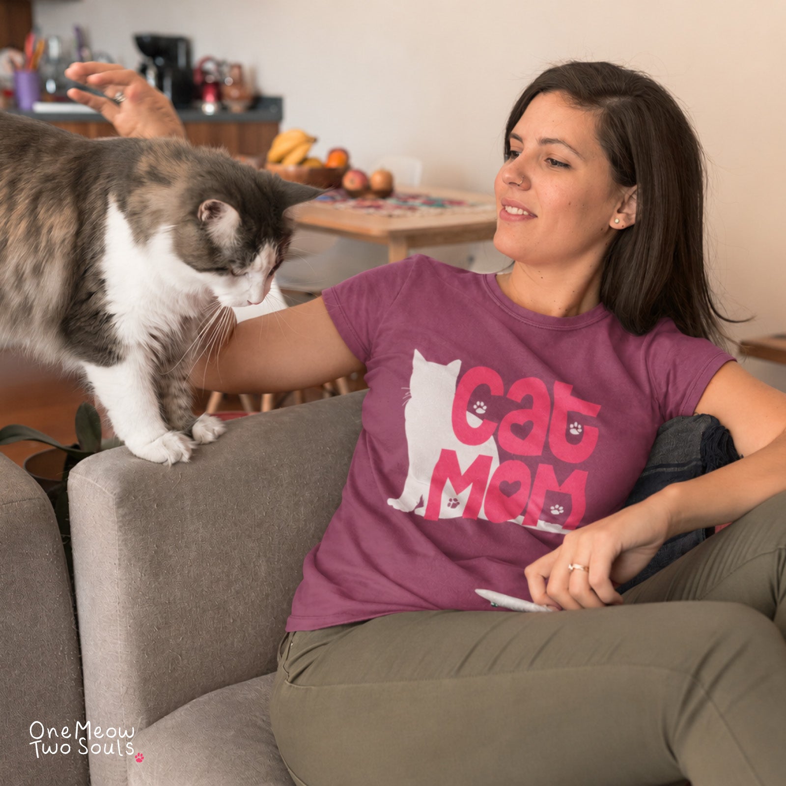Berry colored Comfort Colors 1717 cotton T-shirt, featuring a "Cat Mom" funny cat design illustration. One Meow Two Souls brand.