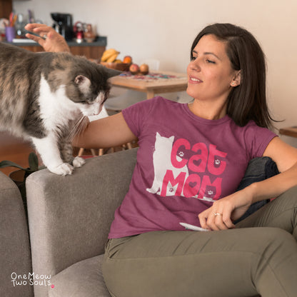 Berry colored Comfort Colors 1717 cotton T-shirt, featuring a "Cat Mom" funny cat design illustration. One Meow Two Souls brand.