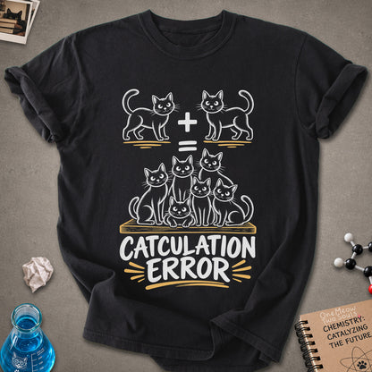 Black colored Comfort Colors 1717 cotton T-shirt, featuring a "Catculation Error" funny cat design illustration. One Meow Two Souls brand.