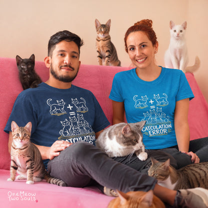 Navy and Sapphire colored Comfort Colors 1717 cotton T-shirts, featuring a "Catculation Error" funny cat design illustration. One Meow Two Souls brand.