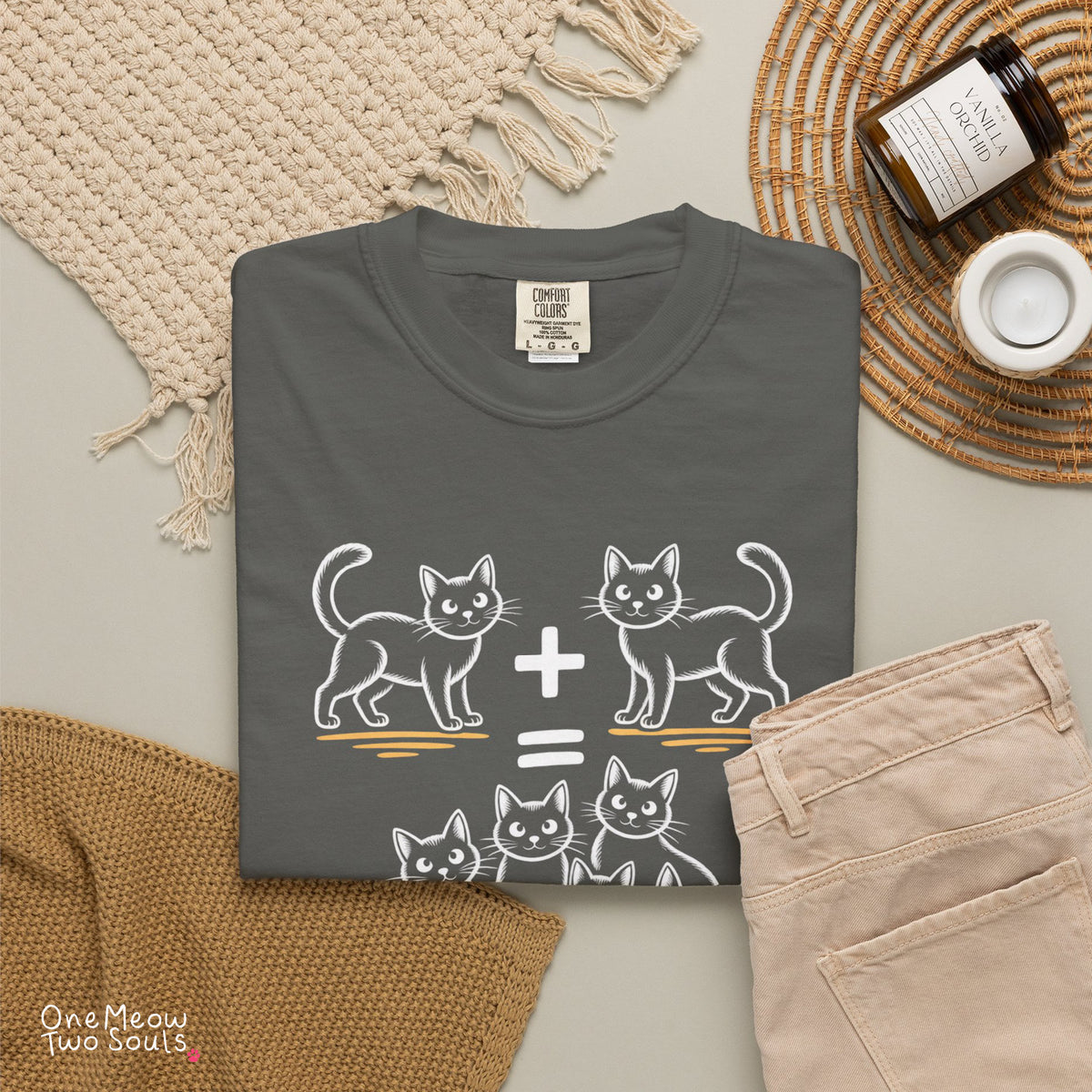Pepper colored Comfort Colors 1717 cotton T-shirt, featuring a "Catculation Error" funny cat design illustration. One Meow Two Souls brand.
