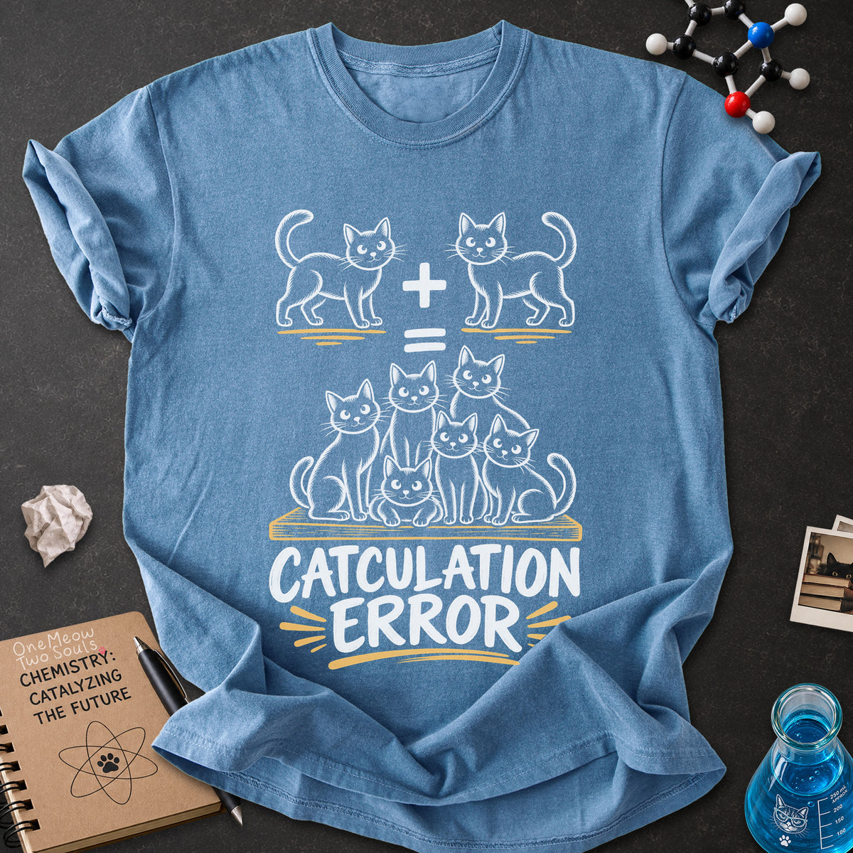 Blue jean colored Comfort Colors 1717 cotton T-shirt, featuring a "Catculation Error" funny cat design illustration. One Meow Two Souls brand.