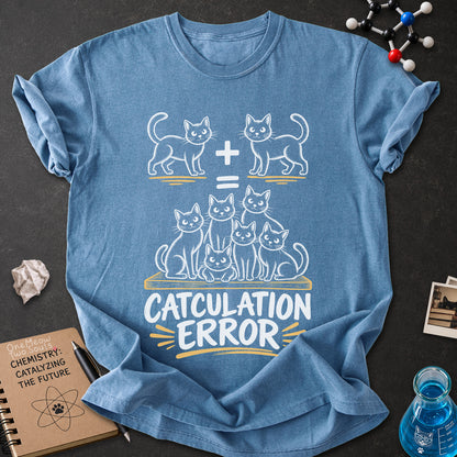 Blue jean colored Comfort Colors 1717 cotton T-shirt, featuring a "Catculation Error" funny cat design illustration. One Meow Two Souls brand.