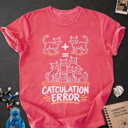 Watermelon colored Comfort Colors 1717 cotton T-shirt, featuring a "Catculation Error" funny cat design illustration. One Meow Two Souls brand.