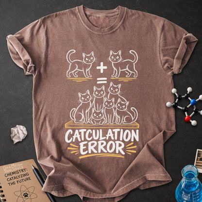 Espresso colored Comfort Colors 1717 cotton T-shirt, featuring a "Catculation Error" funny cat design illustration. One Meow Two Souls brand.