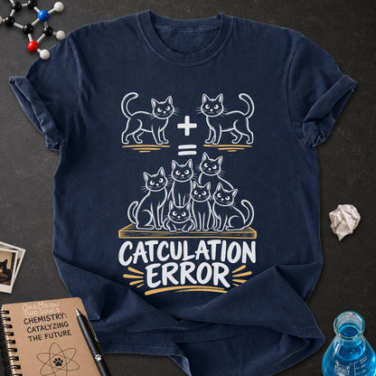 Navy colored Comfort Colors 1717 cotton T-shirt, featuring a "Catculation Error" funny cat design illustration. One Meow Two Souls brand.