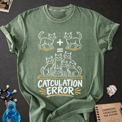 Moss colored Comfort Colors 1717 cotton T-shirt, featuring a "Catculation Error" funny cat design illustration. One Meow Two Souls brand.