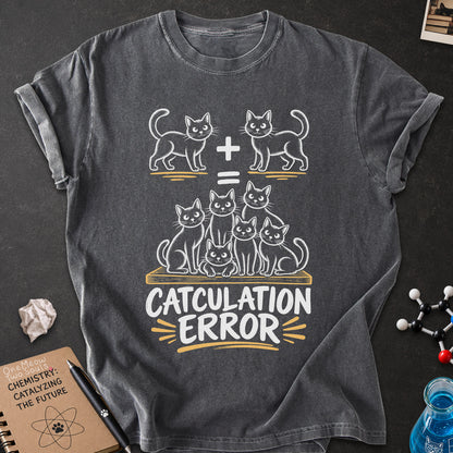 Pepper colored Comfort Colors 1717 cotton T-shirt, featuring a "Catculation Error" funny cat design illustration. One Meow Two Souls brand.