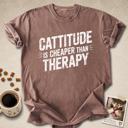 Espresso colored Comfort Colors 1717 cotton T-shirt, featuring a "Cattitude Is Cheaper Than Therapy" funny cat design illustration. One Meow Two Souls brand.