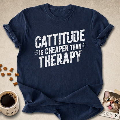 Navy colored Comfort Colors 1717 cotton T-shirt, featuring a "Cattitude Is Cheaper Than Therapy" funny cat design illustration. One Meow Two Souls brand.