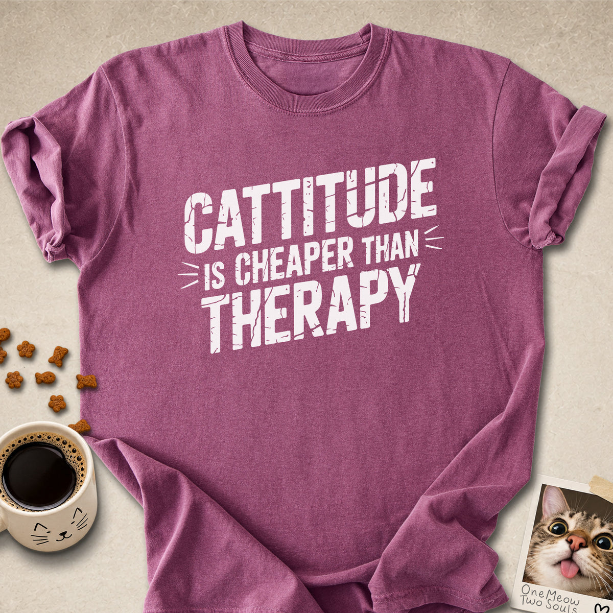 Berry colored Comfort Colors 1717 cotton T-shirt, featuring a "Cattitude Is Cheaper Than Therapy" funny cat design illustration. One Meow Two Souls brand.