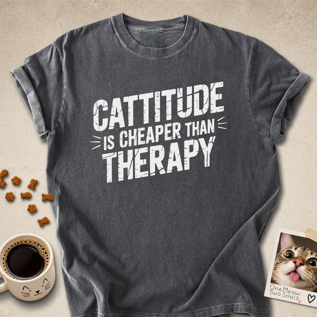 Pepper colored Comfort Colors 1717 cotton T-shirt, featuring a "Cattitude Is Cheaper Than Therapy" funny cat design illustration. One Meow Two Souls brand.