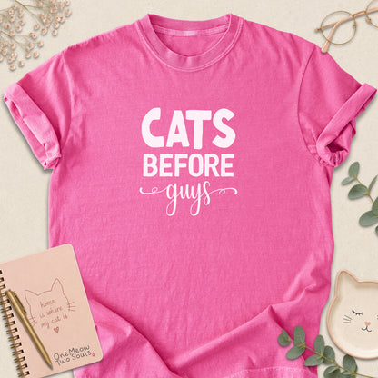 Crunchberry colored Comfort Colors 1717 cotton T-shirt, featuring a "Cats Before Guys" funny cat design illustration. One Meow Two Souls brand.