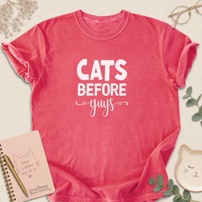 Watermelon colored Comfort Colors 1717 cotton T-shirt, featuring a "Cats Before Guys" funny cat design illustration. One Meow Two Souls brand.