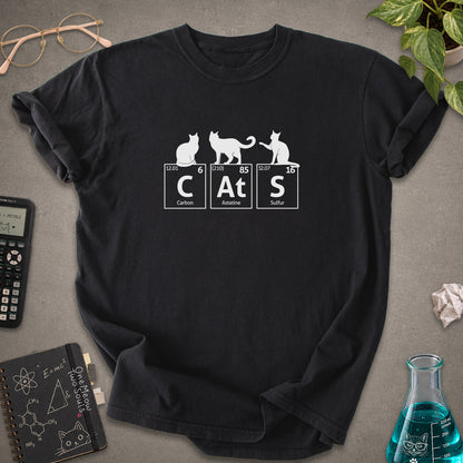 Black colored Comfort Colors 1717 cotton T-shirt, presenting a "CatS" funny chemistry periodic table cat design. One Meow Two Souls brand.
