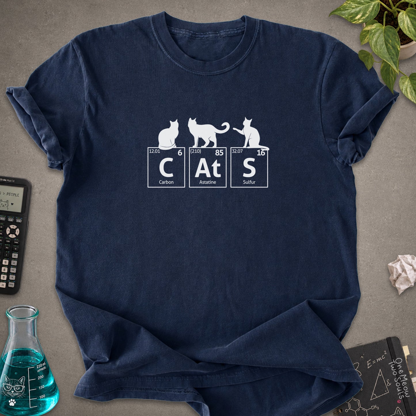 Navy colored Comfort Colors 1717 cotton T-shirt, presenting a "CatS" funny chemistry periodic table cat design. One Meow Two Souls brand.