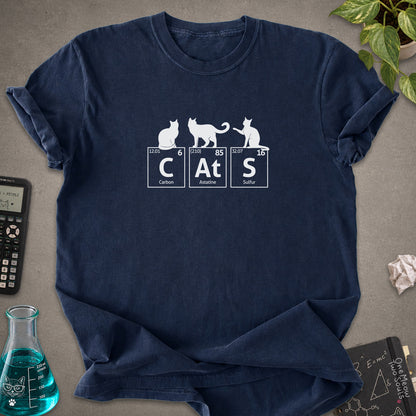 Navy colored Comfort Colors 1717 cotton T-shirt, presenting a "CatS" funny chemistry periodic table cat design. One Meow Two Souls brand.