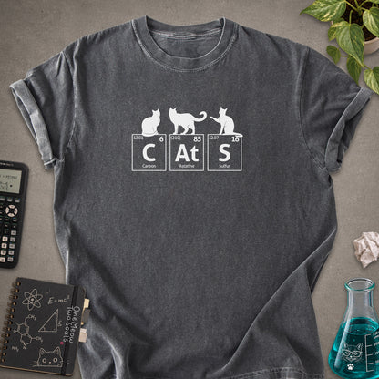 Pepper colored Comfort Colors 1717 cotton T-shirt, presenting a "CatS" funny chemistry periodic table cat design. One Meow Two Souls brand.