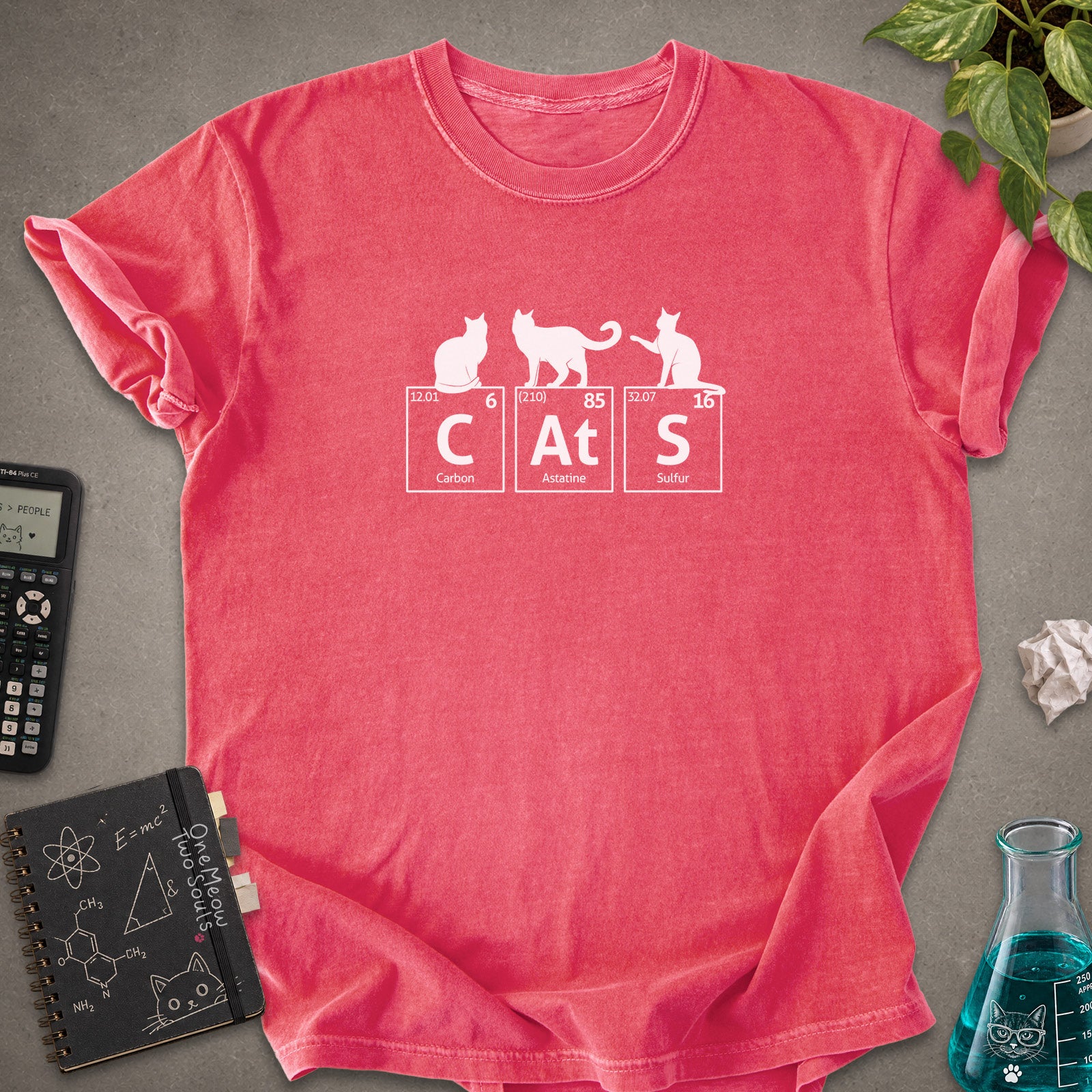 Watermelon colored Comfort Colors 1717 cotton T-shirt, presenting a "CatS" funny chemistry periodic table cat design. One Meow Two Souls brand.