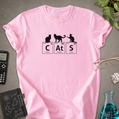 Blossom colored Comfort Colors 1717 cotton T-shirt, presenting a "CatS" funny chemistry periodic table cat design. One Meow Two Souls brand.