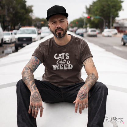 Espresso colored Comfort Colors 1717 cotton T-shirt, featuring a "Cats, Chill and Weed" funny cat design illustration. One Meow Two Souls brand.