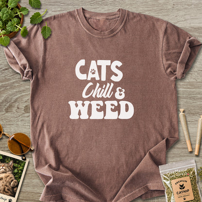 Espresso colored Comfort Colors 1717 cotton T-shirt, featuring a "Cats, Chill and Weed" funny cat design illustration. One Meow Two Souls brand.