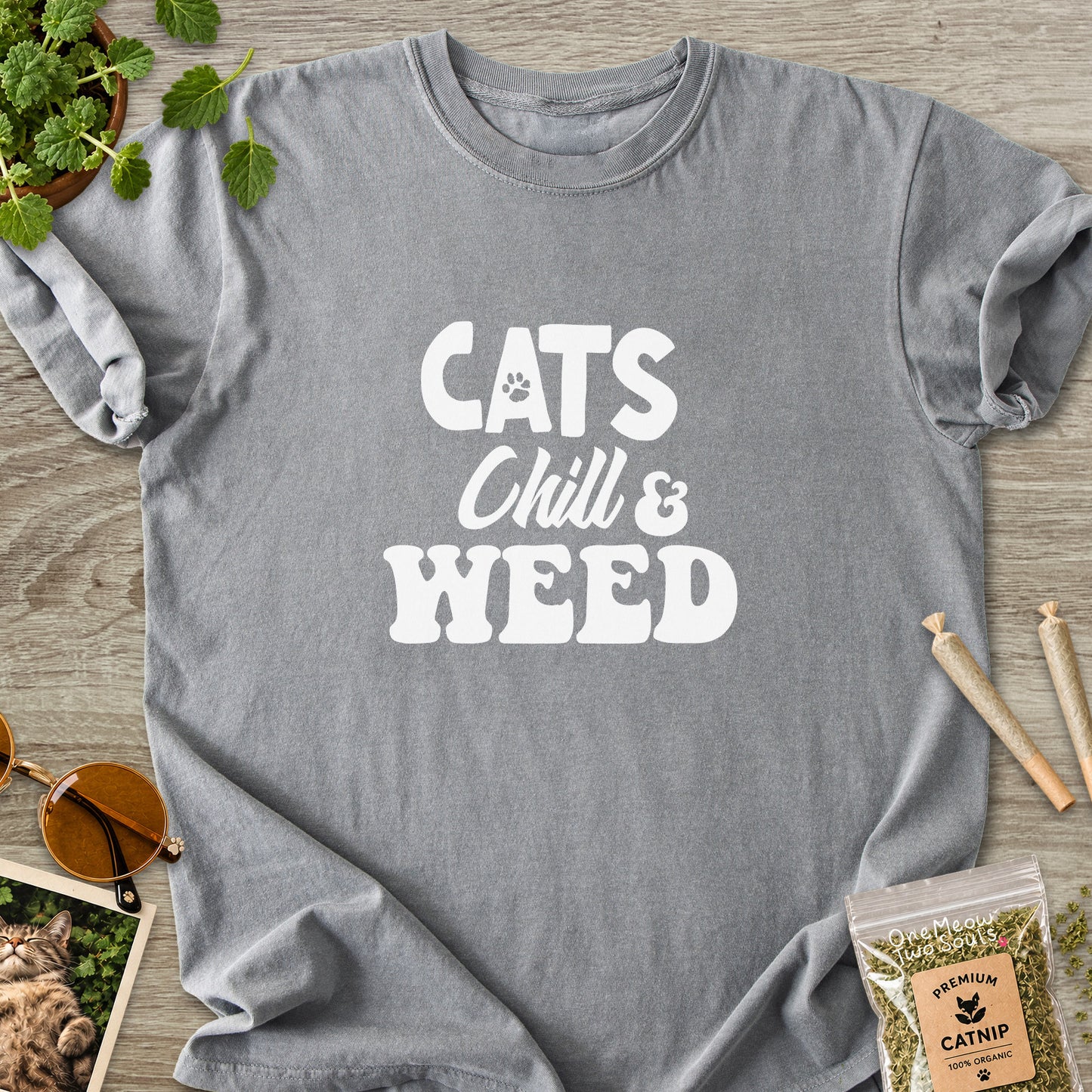 Grey colored Comfort Colors 1717 cotton T-shirt, featuring a "Cats, Chill and Weed" funny cat design illustration. One Meow Two Souls brand.