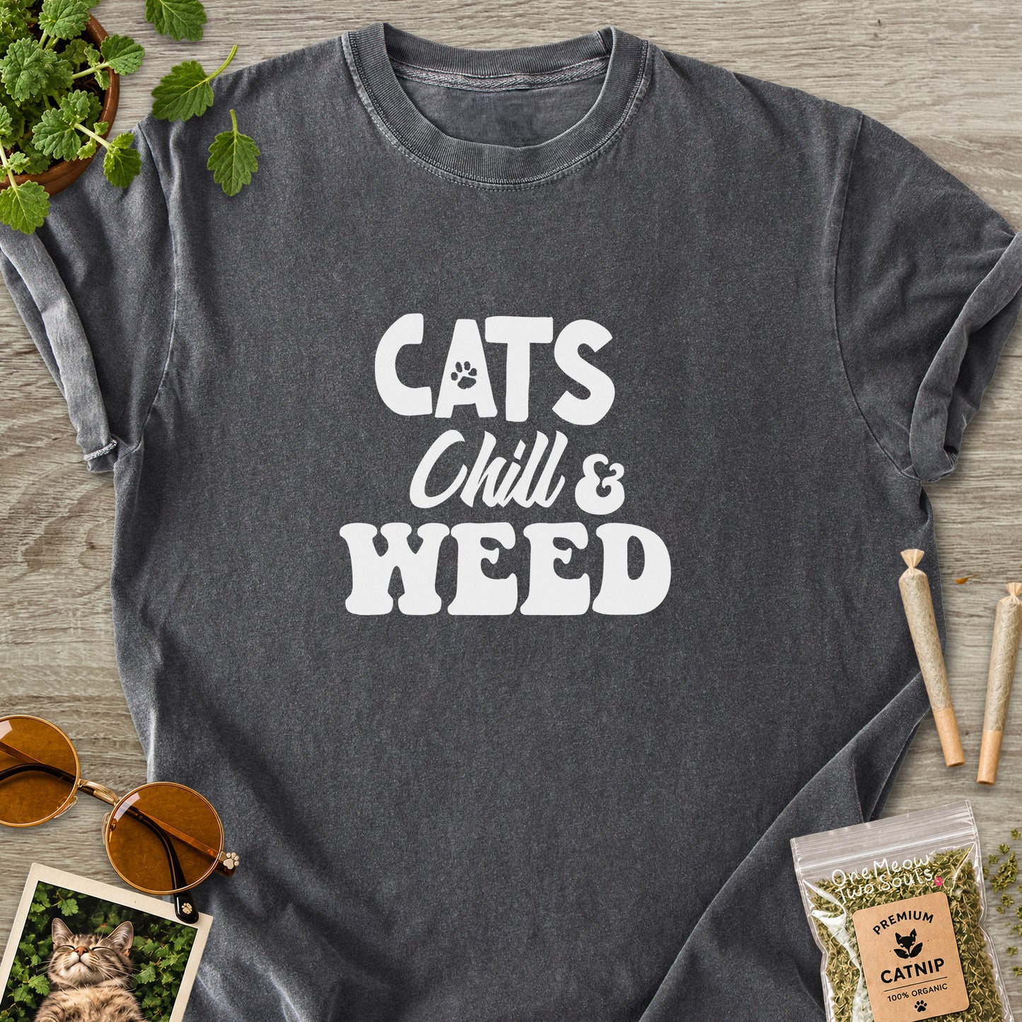 Pepper colored Comfort Colors 1717 cotton T-shirt, featuring a "Cats, Chill and Weed" funny cat design illustration. One Meow Two Souls brand.