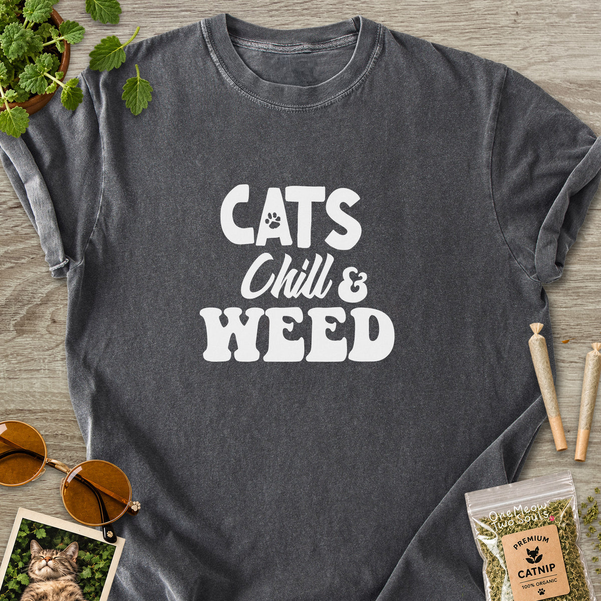 Pepper colored Comfort Colors 1717 cotton T-shirt, featuring a "Cats, Chill and Weed" funny cat design illustration. One Meow Two Souls brand.