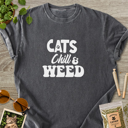 Pepper colored Comfort Colors 1717 cotton T-shirt, featuring a "Cats, Chill and Weed" funny cat design illustration. One Meow Two Souls brand.